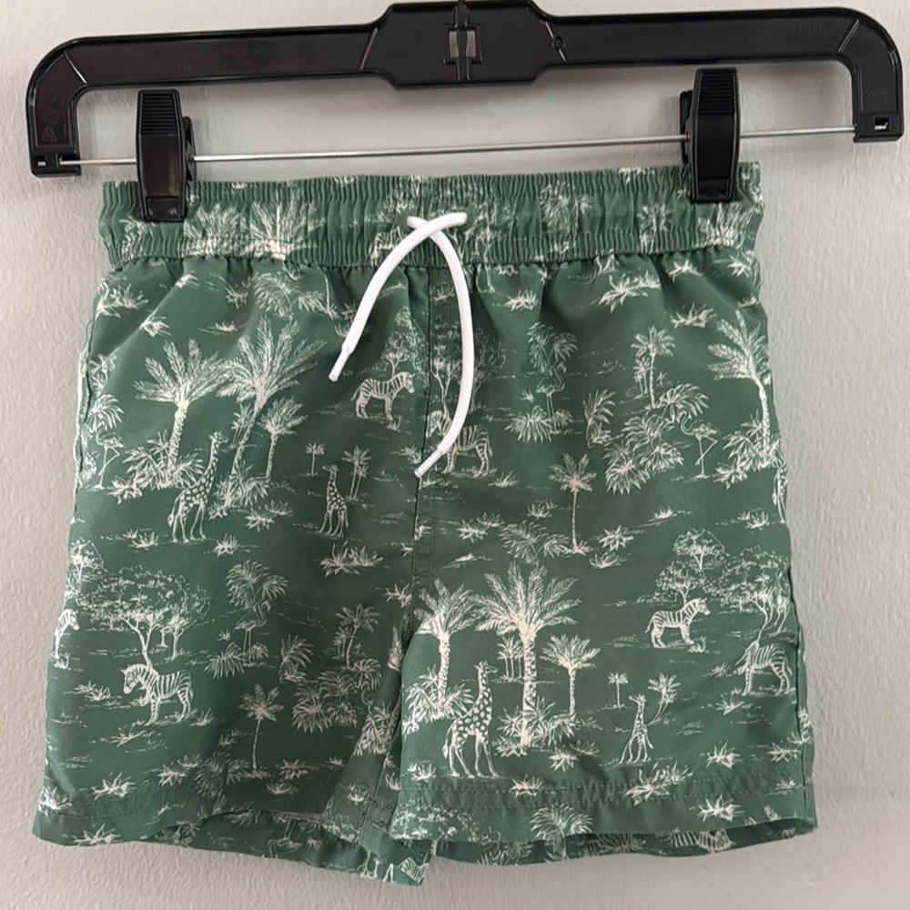 Janie and Jack Green and White Swim Trunks with Tropical Print